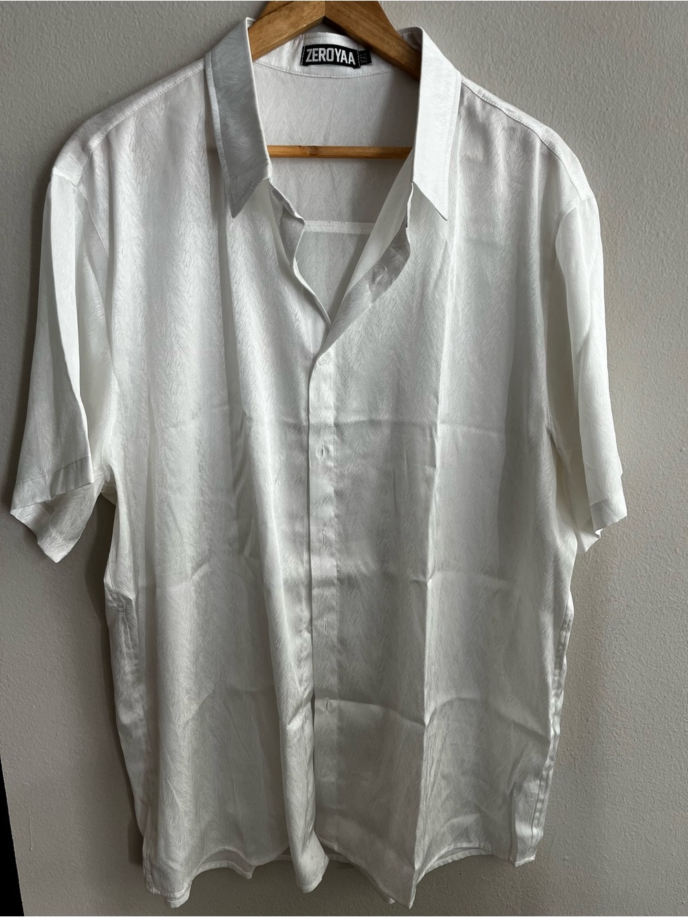 Zeroyaa White Satin Short Sleeve Button Up Shirt